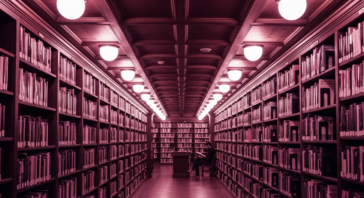 Grand library aisle with floor-to-ceiling bookshelves and solitary reader
